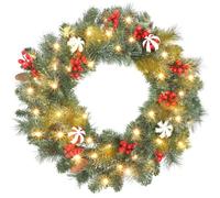 HOMCOM Couronne de Noël Lumineuse 60 cm avec 50 LED Blanc Chaud Vert | Minuterie, Couronne Noël Porte d'Entrée, 146 Pointes, Pommes de Pin, Baies, Boules Décoratives, pour Porte Mur Cheminée