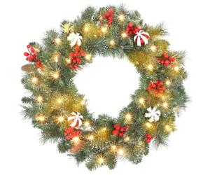 HOMCOM Couronne de Noël Lumineuse 60 cm avec 50 LED Blanc Chaud Vert | Minuterie, Couronne Noël Porte d'Entrée, 146 Pointes, Pommes de Pin, Baies, Boules Décoratives, pour Porte Mur Cheminée