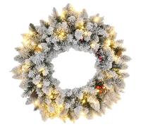 HOMCOM Couronne de Noël Porte givrée Artificielle 60 CM décoration de Noël Lumineuse avec Pommes de pin et Baies Rouges, lumières LED et minuterie, pour Porte, fenêtre ou cheminée, Vert