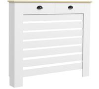 Cache-radiateur design panneau avec tiroirs - grille d'aération horizontale à lattes - dim. 111L x 19l x 95H cm - MDF effet bois clair blanc