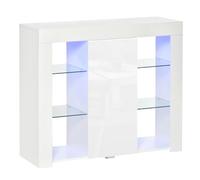 HOMCOM Crédence Moderne lumières LED Finition Brillante 97x35x83cm Blanc | Porte unique, étagères en verre, meuble en bois polyvalent