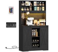 HOMCOM Crédence Rustique 180cm avec Prises Noire | Meuble cuisine LED avec étagère bouteilles, micro-ondes, étagères, portes coulissantes, passage câble, pour salle à manger.