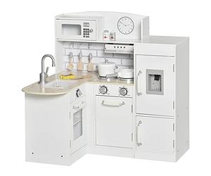 HOMCOM Cuisine Bois Jeu d'imitation - Cuisine Enfant 3+ Ans - Nombreux Accessoires & rangements Inclus - Micro-Ondes, hotte, évier avec Robinet - MDF pin Blanc