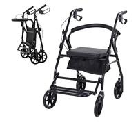HOMCOM Déambulateur 4 roues - déambulateur pliable léger - assise + dossier rembourré - poignées ergonomiques, freins à main - panier rangement - cale-pied - métal noir
