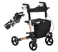HOMCOM Déambulateur 4 Roues Pliable en Aluminium, Freins Doubles, Doré | Hauteur Réglable 6 Positions, Sac de Rangement, Accoudoirs Amovibles, Support pour Canne, pour Personnes Âgées, Léger