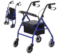HOMCOM Déambulateur 4 Roues Pliable Léger Assise Dossier Rembourré Bleu | Poignées Ergonomiques, Freins à Main, Panier Rangement, Métal