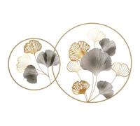 HOMCOM Décoration Murale 3D en Métal, Art Mural Doré avec Feuilles de Ginkgo dans deux Cadres Ronds, 102x66,2 cm, Or et Argent