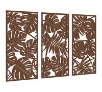 HOMCOM Décoration Murale en Bois 3D 3 Pièces 40x80 cm Ornements Muraux à Motif de Feuilles Tropicales Noyer