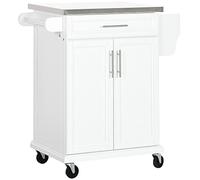 HOMCOM Dessert Cuisine desserte à roulettes îlot Central Cuisine avec Plateau en Acier INOX, étagère réglable, tiroir, Porte-épices, Porte-Couteaux et Porte-Serviettes, 83,5 x 45,7 x 90,5 cm, Blanc