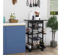 HOMCOM Chariot de Service desserte de Cuisine à roulettes Multi-rangements 4 paniers métal tiroir + 4 Range-Bouteilles Bois pin Noir Plateau carrelé Blanc