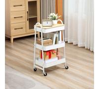 HOMCOM Desserte chariot de rangement en acier à roulettes avec 3 niveaux, plateau MDF, poignées dim. 45L x 31l x 79,4H cm blanc Description:Cette desserte de rangement à roulettes est compacte, idéale