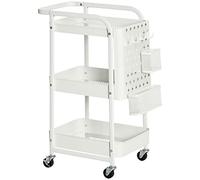 HOMCOM Desserte Chariot de Rangement pour Bureau en métal Chariot de Service à roulettes 3 Niveaux avec 2 Range-Couverts 4 Crochets dim.51,5L x 32l x 75,6H cm - Blanc