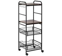 HOMCOM Desserte Cuisine 4 Niveaux, Chariot de Service, Chariot de Rangement à roulettes avec 2 paniers extractibles, étagères et Crochets latéraux, 40 x 38 x 111 cm, Noyer