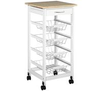HOMCOM Desserte Cuisine à roulettes, Chariot de Cuisine, 4 paniers métal + tiroir, Chariot de Service, pour Petit Espace, Salle de Bain, Salon, Cuisine, Bureau, Cadre en Bois de pin, Blanc