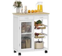 HOMCOM Desserte Cuisine à roulettes Îlot Central Cuisine 67x35x80cm Blanc | Chariot Rangement, Plateau en Bambou, Porte Vitrée, 2 Paniers Coulissants en Fil Métallique, 2 Tiroirs, Étagère Réglable