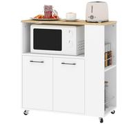 HOMCOM Desserte de Cuisine à roulettes avec Plan de Travail, Îlot Central Cuisine avec 2 Portes, Compartiment Ouvert, étagère réglable et Porte-épices, pour Salle à Manger, 75x40x80,5cm, Blanc