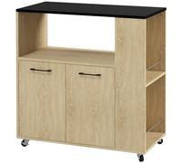 HOMCOM Desserte de Cuisine à roulettes avec Plan de Travail, Îlot Central Cuisine avec 2 Portes, Compartiment Ouvert, étagère réglable et Porte-épices, pour Salle à Manger, 75x40x80,5cm, Bois Naturel