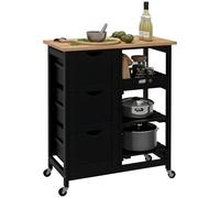 HOMCOM Desserte de Cuisine à roulettes, Chariot de Service, Plan de Travail en Bois d'hévéa, 3 tiroirs, Plateau Amovible, 2 étagères à Lattes, Chariot de Cuisine et Salle à Manger, 67x37x85,5cm, Noir
