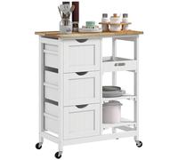 HOMCOM Desserte de cuisine à roulettes, chariot de service, plan de travail en bois d'hévéa, 3 tiroirs, plateau amovible, 2 étagères à lattes, chariot de cuisine et salle à manger, 67x37x85,5cm, blanc