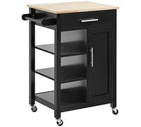 HOMCOM Desserte de Cuisine à roulettes Chariot de Service Style Contemporain - Porte, tiroir, 3 étagères - poignées métal Plateau Bois hévéa Noir