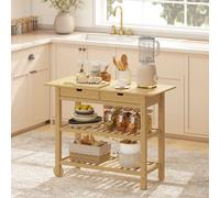 HOMCOM Desserte de cuisine à roulettes en bambou, chariot de cuisine avec 2 tiroirs, 2 étagères, 100 x 43 x 75 cm, bois naturel