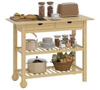 HOMCOM Desserte de Cuisine à roulettes en Bambou, Chariot de Rangement avec 2 tiroirs, 2 étagères à Lattes et Plan de Travail, Chariot de Cuisine et Salle à Manger, 100 x 43 x 75 cm, Bois Naturel