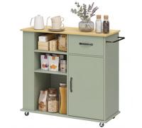 HOMCOM Desserte de cuisine à roulettes, îlot central cuisine avec tiroir, porte, compartiments ouverts et porte-épices, vert