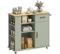 HOMCOM Desserte de Cuisine à roulettes, îlot Central Cuisine avec tiroir, Porte, Compartiments Ouverts, étagère réglable et Porte-épices, Chariot de Rangement pour Salle à Manger, 96,5x38x87cm, Vert