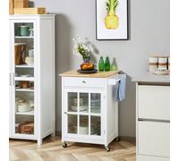 HOMCOM Desserte de cuisine à roulettes multi-rangement - placard porte vitrée avec étagère réglable, tiroir, porte-torchon - blanc aspect chêne clair Description:Notre chariot de cuisine roulant de HO