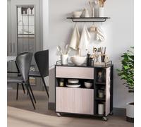 Chariot de service desserte de cuisine à roulettes multi-rangements placard double portes + 3 étagères + niche + tiroir panneaux particules noir chêne Noir G