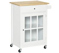 HomCom Desserte de cuisine à roulettes – placard vitré, étagère réglable – blanc aspect chêne clair