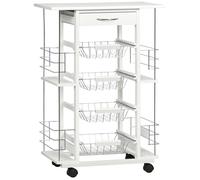 HOMCOM Chariot de Service desserte de Cuisine à roulettes Multi-rangements 4 paniers métal tiroir + 4 Range-Bouteilles Bois pin Plateau carrelé Blanc