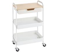 HOMCOM Desserte de Cuisine Chariot de Service 2 étagères tiroir Plateau Aspect Bois Clair Acier PP Blanc