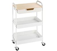 Desserte de cuisine chariot de service 2 étagères tiroir plateau aspect bois clair acier PP blanc