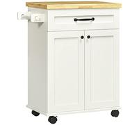 HOMCOM Desserte de Cuisine desserte à roulettes Chariot de Cuisine Multi-rangements 1 tiroir 1 Placard 1 Portes-torchons - Blanc et Plateau en Bois