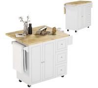HOMCOM Dessert îlot de cuisineplateau rabattable 3 tiroirs 1 placard porte-torchons et porte-épices 111,5 x 45-75 x 89 cm blanc