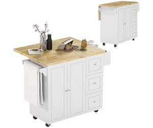 HOMCOM Desserte de Cuisine sur roulettes, îlot Central Cuisine avec Plateau en Bois d'hévéa, 3 tiroirs, 1 Placard, 2 Portes, Porte-torchons et Porte-épices, 111,5 x 45-75 x 89 cm, Blanc
