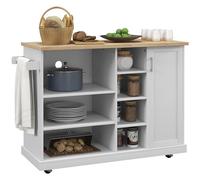 HOMCOM Desserte îlot de Cuisine, Desserte à roulettes, Chariot de Cuisine, 7 Compartiments Ouverts, 1 Placard 1 Porte, 129 x 51 x 93 cm, Bois et Blanc