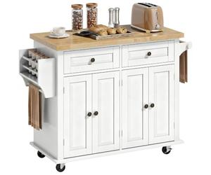 HOMCOM Desserte ilôt de Cuisine Multi rangements 2 tiroirs 2 Placard 2 Portes avec étagère Range-Bouteille Porte-torchons et étagère réglable MDF Blanc hévéa