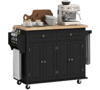 HomCom Desserte îlot de cuisine 2 tiroirs 2 portes range-bouteille porte-torchons MDF Noir hévéa