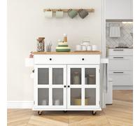 HOMCOM Desserte ilot de cuisine multi-rangements tiroir placards étagère, 115,5L x 46,2l x 86,5H cm, bois d'hévéa blanc