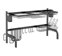 HOMCOM Égouttoir à vaisselle à 2 niveaux avec crochets - Étagère à assiettes - Accessoires - 100 cm - Égouttoir pour évier de cuisine - Acier - Noir