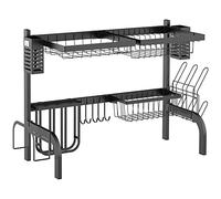 HOMCOM Égouttoir à vaisselle au-dessus de l'évier, séchoir à vaisselle 2 niveaux modulables en acier, porte-ustensiles et support pour planche à découper pour rangement et organisation de cuisine noir