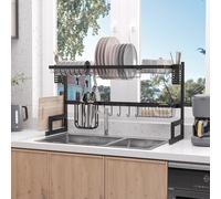 HOMCOM Égouttoir Vaisselle 2 Niveaux Porte-Couteau Planche à Découper Acier Noir | Aosom France