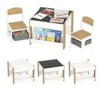 HOMCOM Ensemble 3 pièces Table et 2 chaises pour Enfant avec Plateau Table réversible Tableau Noir, Panier de Rangement, étagères Bois Naturel