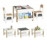 HOMCOM Ensemble 3 pièces Table et 2 chaises pour Enfant avec Plateau Table réversible Tableau Noir, Panier de Rangement, étagères Bois Naturel
