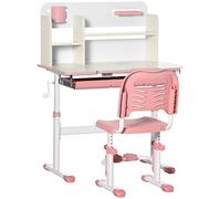 HOMCOM Ensemble bureau et chaise pour enfants +3 ans avec hauteur réglable Bureau pour enfants avec tiroir rabattable et bibliothèque 80x52x88-109 cm et 35,5x44,5x66-80 cm Rose