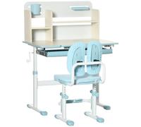 HOMCOM Ensemble Bureau et Chaise pour Enfants Hauteur Réglable Bleu | Plateau Inclinable 0-60°, Table d'Étude Scolaire pour Enfants, Tiroir, Étagères, Porte-Stylo, Repose-Pieds Intégré