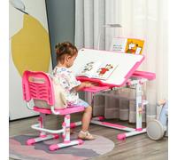 HOMCOM Ensemble Bureau pour Enfants 6-12 Ans avec Chaise Réglable en Hauteur, Tiroir, Lumière et Plateau Inclinable, Rose