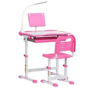 HOMCOM Ensemble chaise et bureau pour enfants avec lampe LED, hauteur réglable, table et chaise d'étude pour enfants, plateau incliné, support de lecture, boîte à stylos, tiroir et porte-gobelet, rose